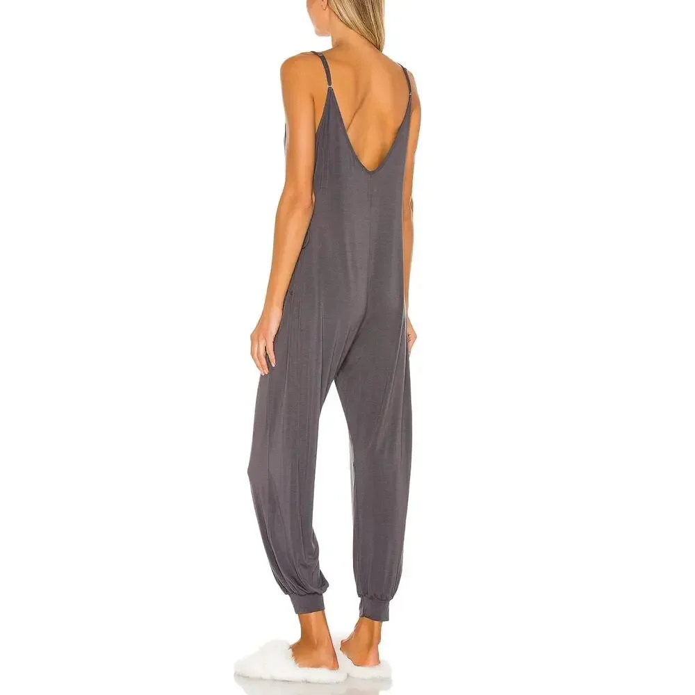 NEW Eberjey Finley Knotted‎ Sleep Jumpsuit Ebony Bamboo Jersey Lounge Pajamas M